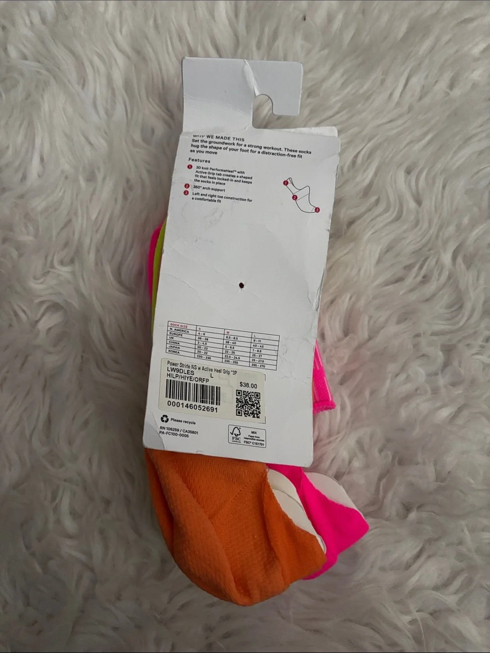 Lululemon Women’s Power Stride w/Active Heel Grip Socks, Pink/Yellow/Orange, L